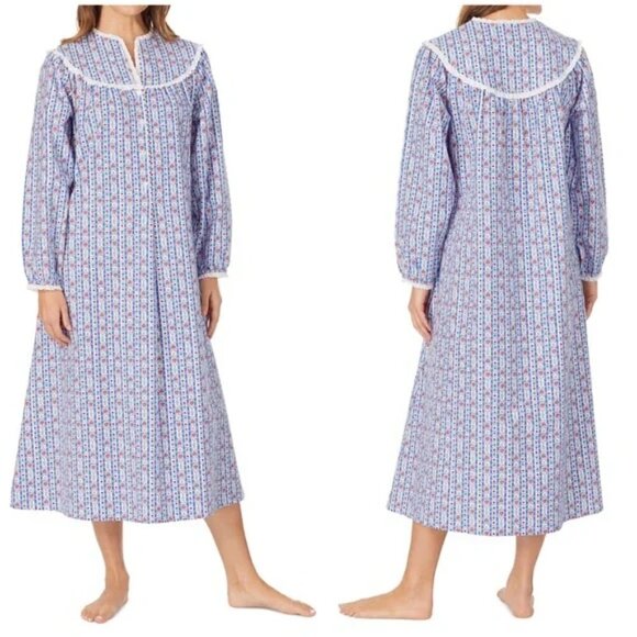 Lanz of Salzburg Sz S Nightgown Classic Blue Tyrolean Stripe Flannel NWOT - Picture 3 of 16